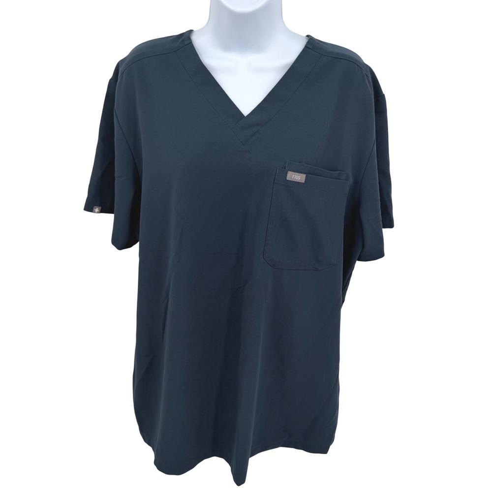 FIGS Womens L Scrub Top Navy Blue Casma V-Neck Chest Pocket Short‎ Sleeve